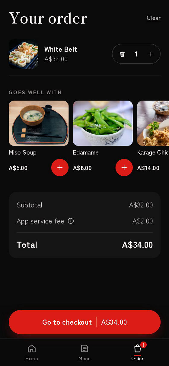 Prototype cart screen with subtotal and total