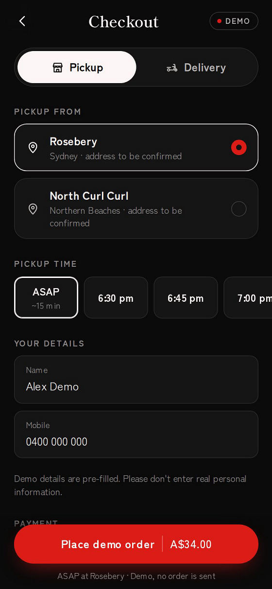 Prototype checkout screen choosing pickup from Rosebery or North Curl Curl