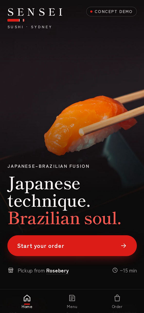 Prototype home screen: Japanese technique, Brazilian soul, with a Start your order button
