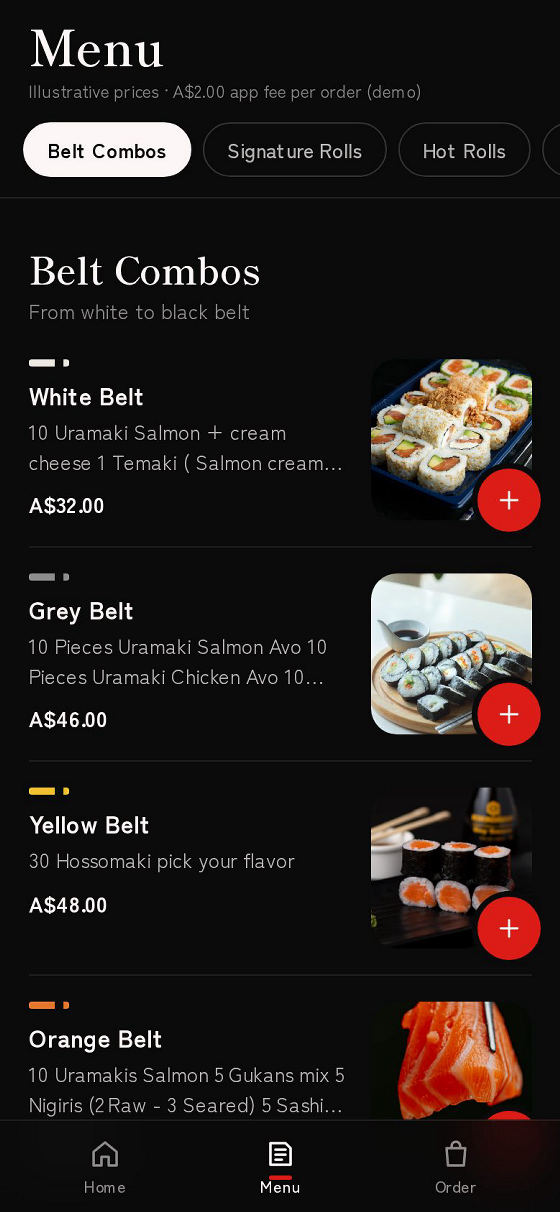 Prototype menu screen listing the Belt Combos