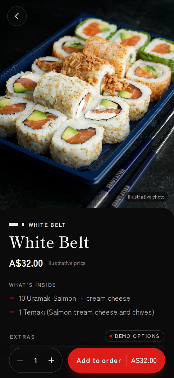 Prototype product screen for the White Belt combo with an Add to order button